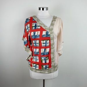 Anthropologie Vanessa Virginia Red Cream Geometric Bohemian Blouse Top Women